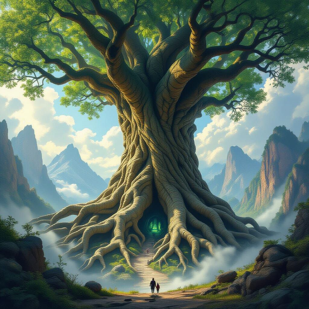 A colossal, ancient tree whose roots have grown to encompass entire mountain ranges, creating natural ...  by @Bluemoon