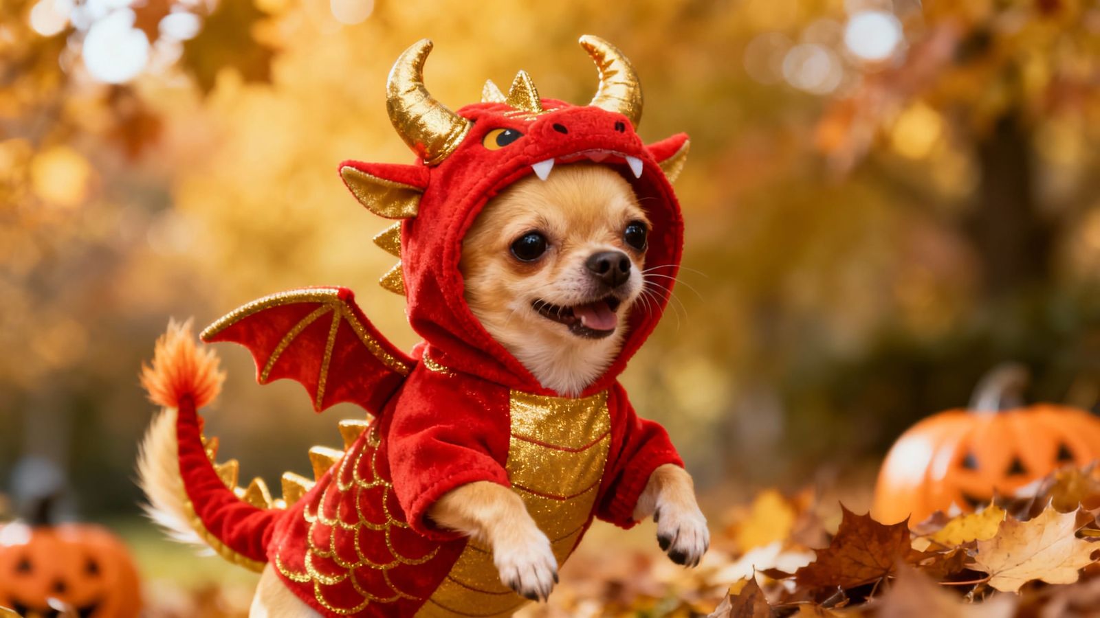 A blonde Chihuahua, dressed in a dragon's costume, ready for trick or treating  by @Solfreedom