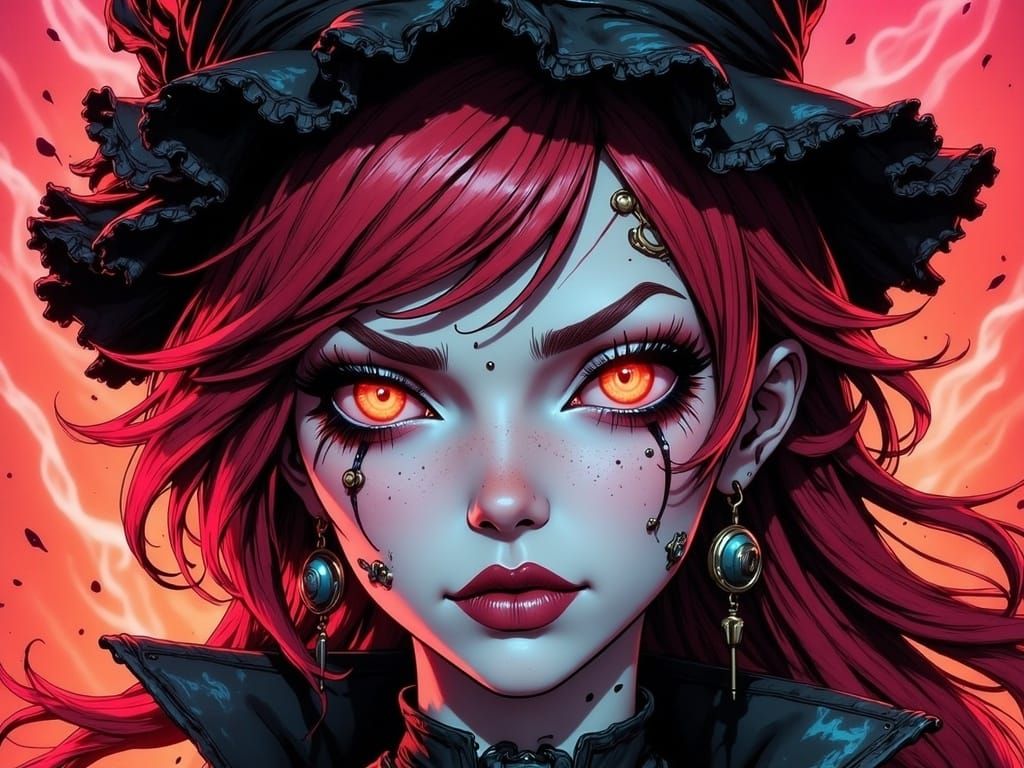 <lora:Elementz-FL:1.0>  a portrait of a woman with red hair, heavy metal comic cover art, stylized beauty portrait, visually striking, 💋 💄...