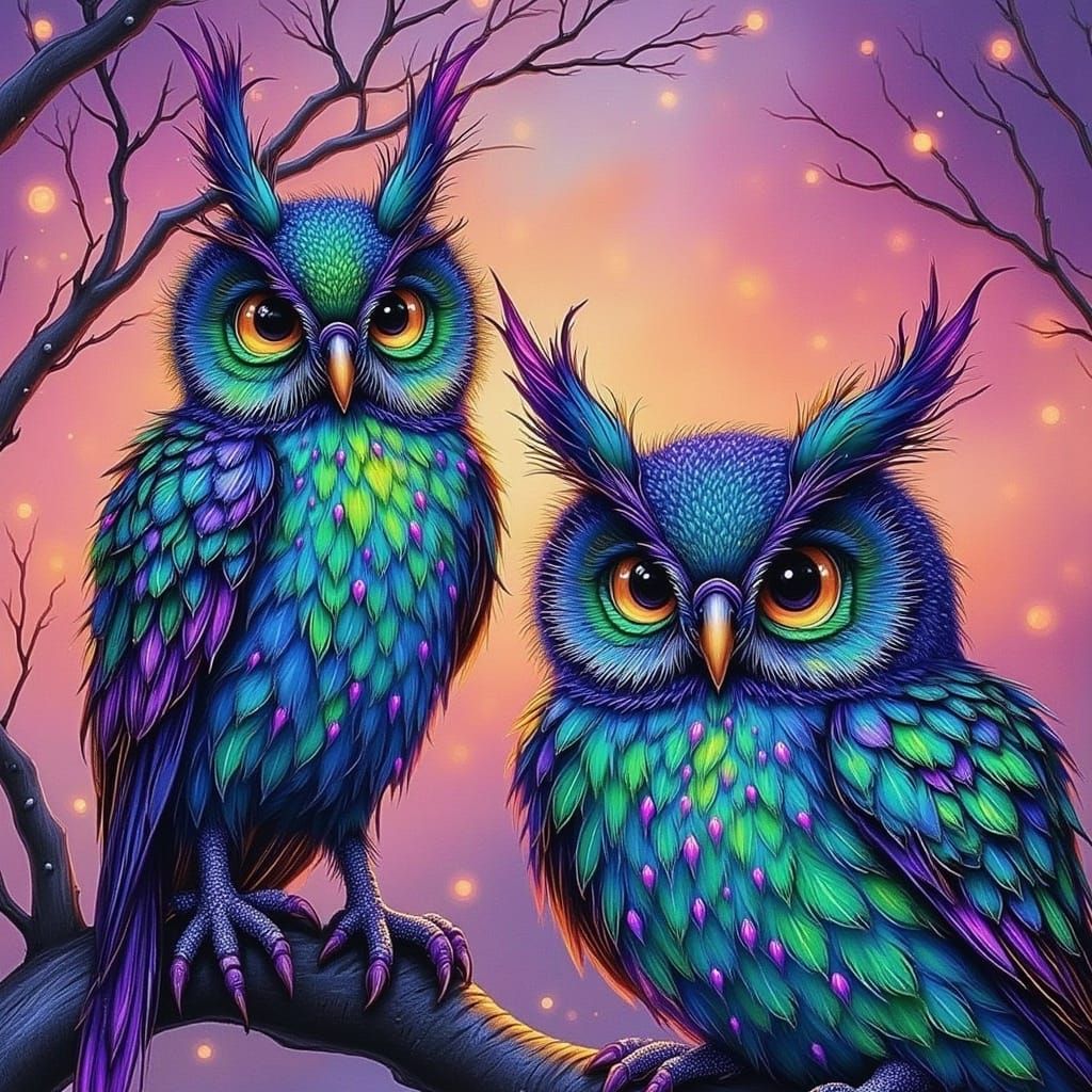 Whimsical Fantasies: Emerald Owls in Dreamlike Surrealism