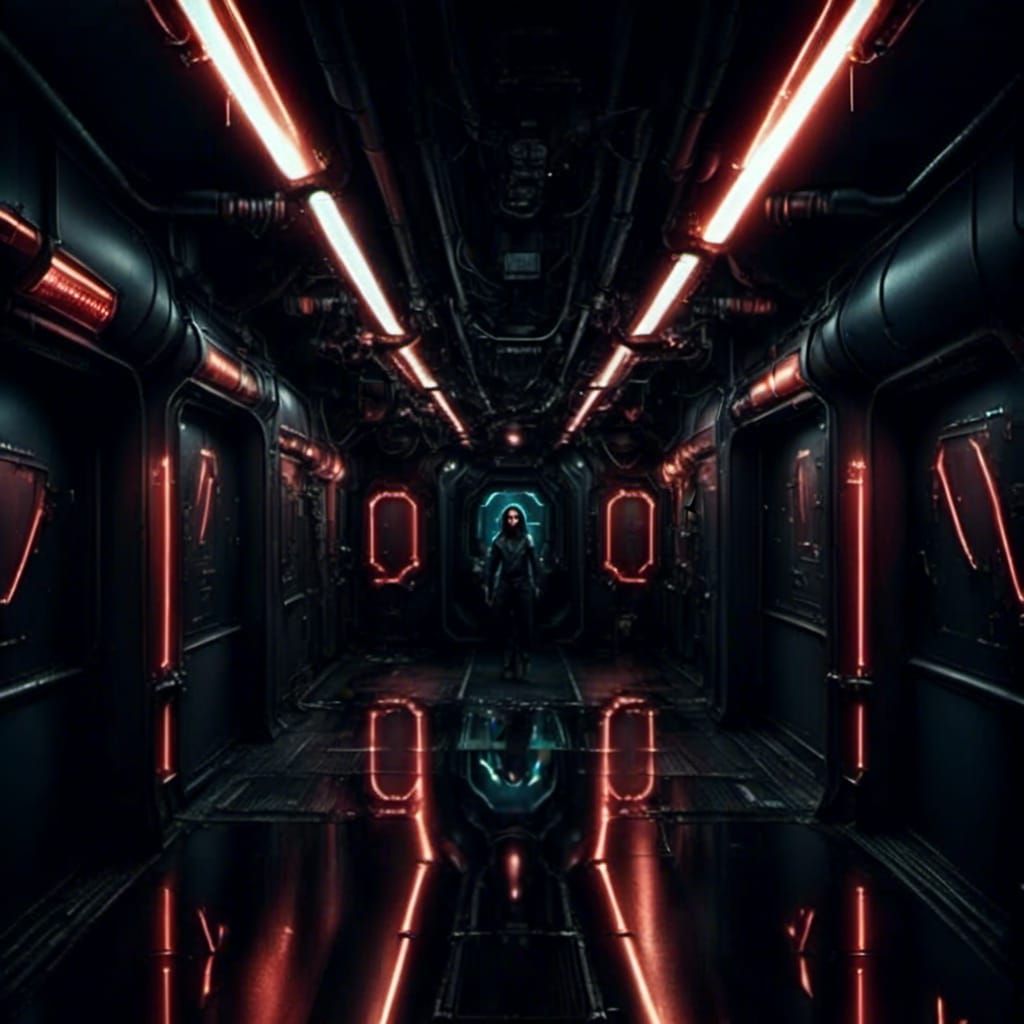 Dark Corridor 606 ⚙️ Girl at Spaceship Docking Entrance