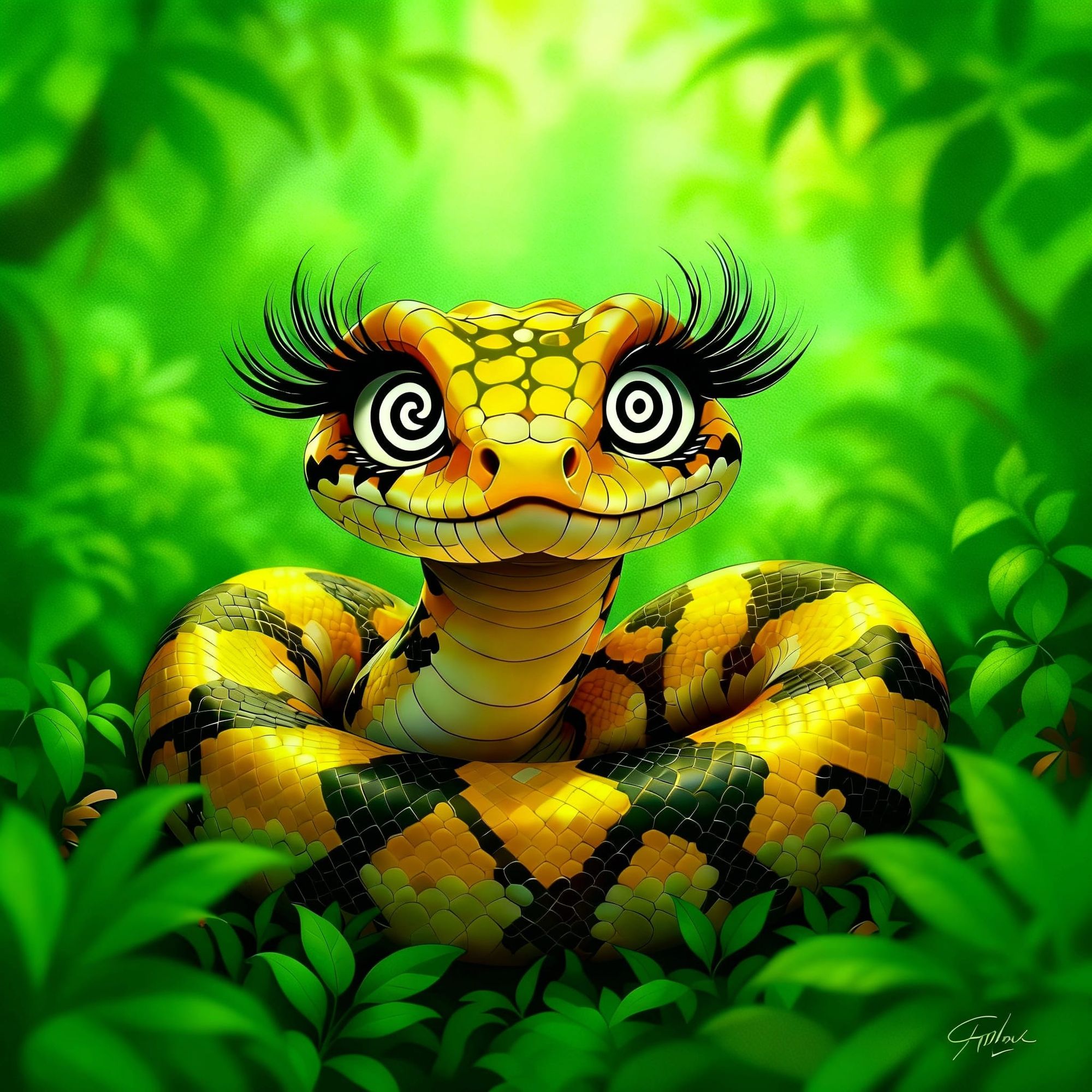 A female Indian rock Python hypnotized with cartoonishly large eye lashes 