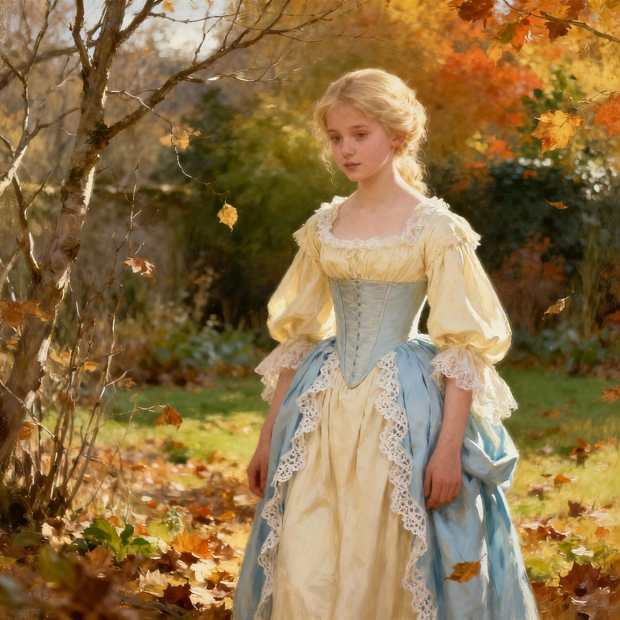 a pale blonde girl in 18th century dress in a garden in autumn