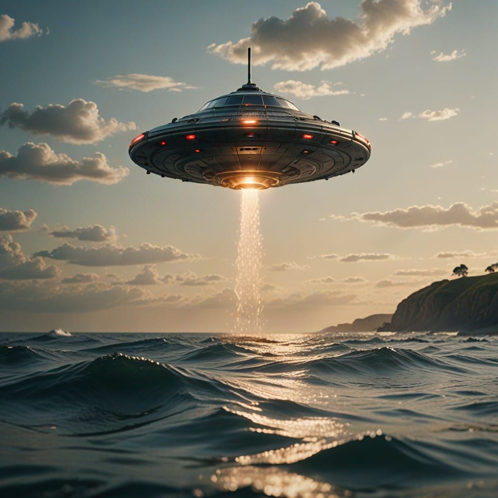 Cinematic emerging of a metallic UFO emerging from the ocean 