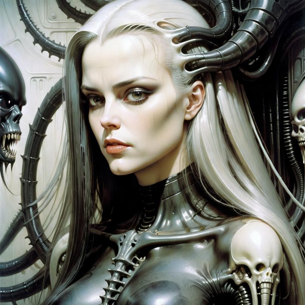 a close up of a woman with long hair, H.R. Giger Gerald Brom