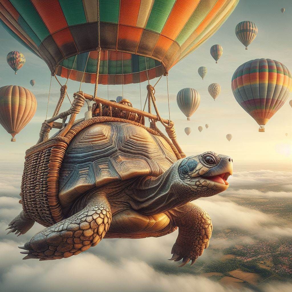 Turtle riding in a hot air balloon