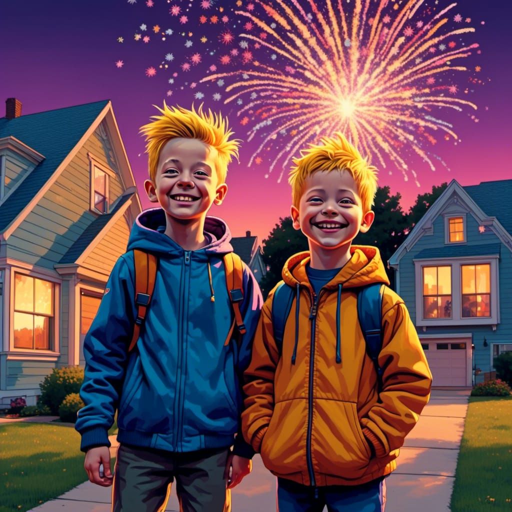 <lora:Nick Cartoons:1.0> photograph of twins standing outside of their suburban neighborhood with a fireworks display