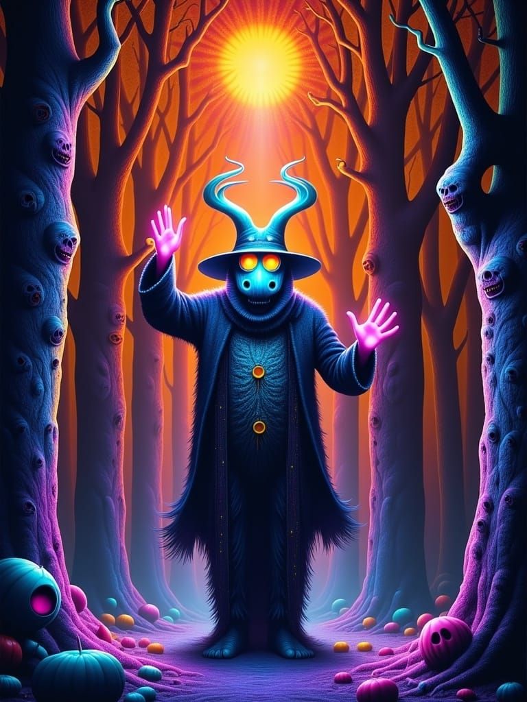 <lora:Rough Neon:1.0> Dr. Seuss's painting "Druid Summoning the Great Pumpkin" folklore horror, by Dr. Seuss, Richard Artschwager,  Rough N...