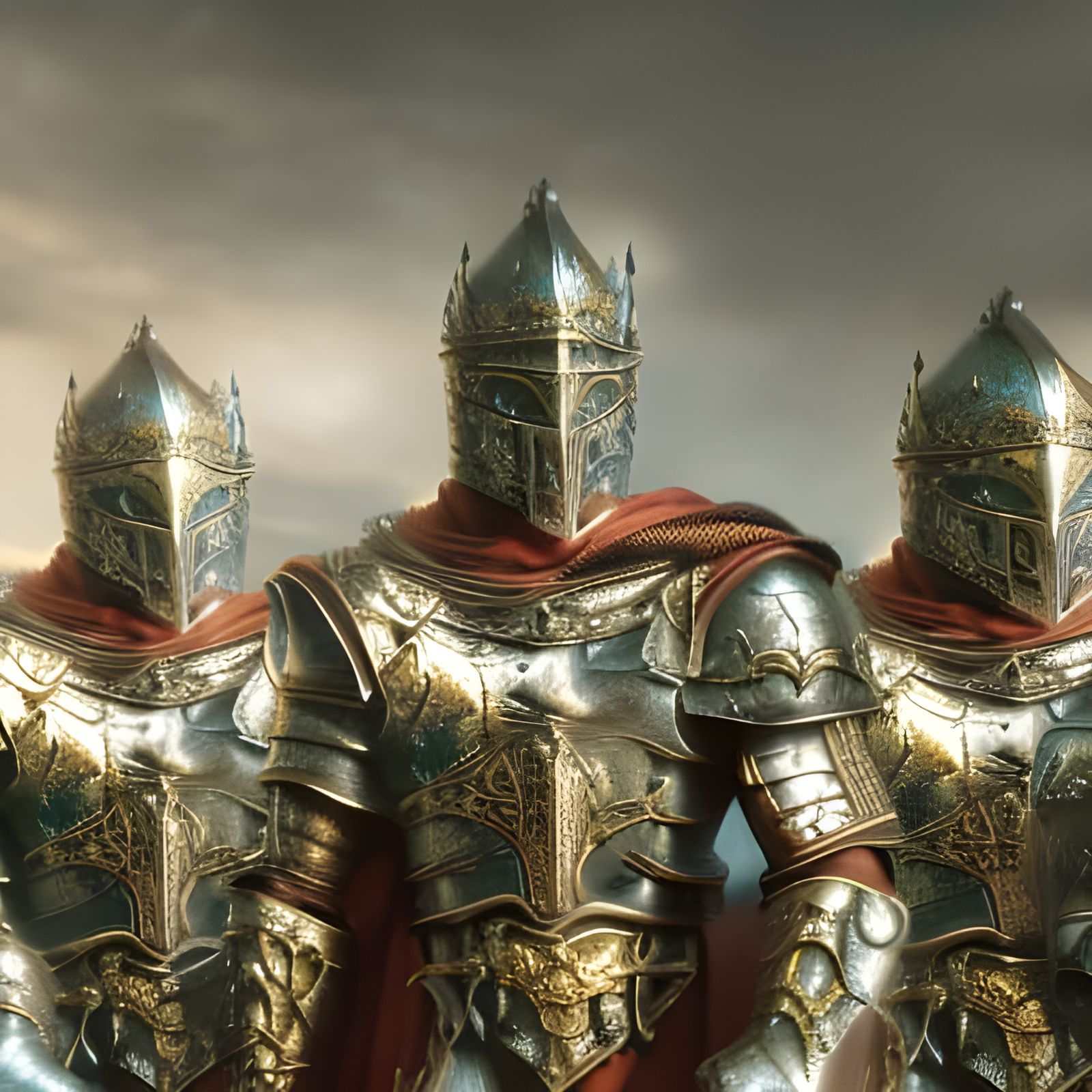 Knights of armour aligned together in order. A close up of a...