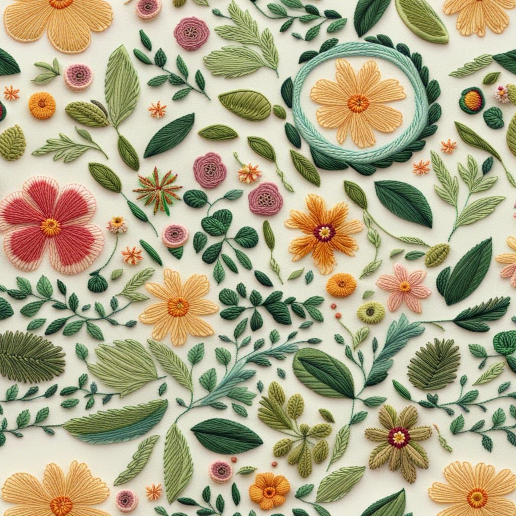 design a round embroidery with flowers with wide petals and small