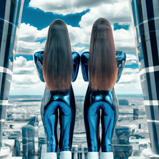 Two delicateds young women with long straight hair in futuri...