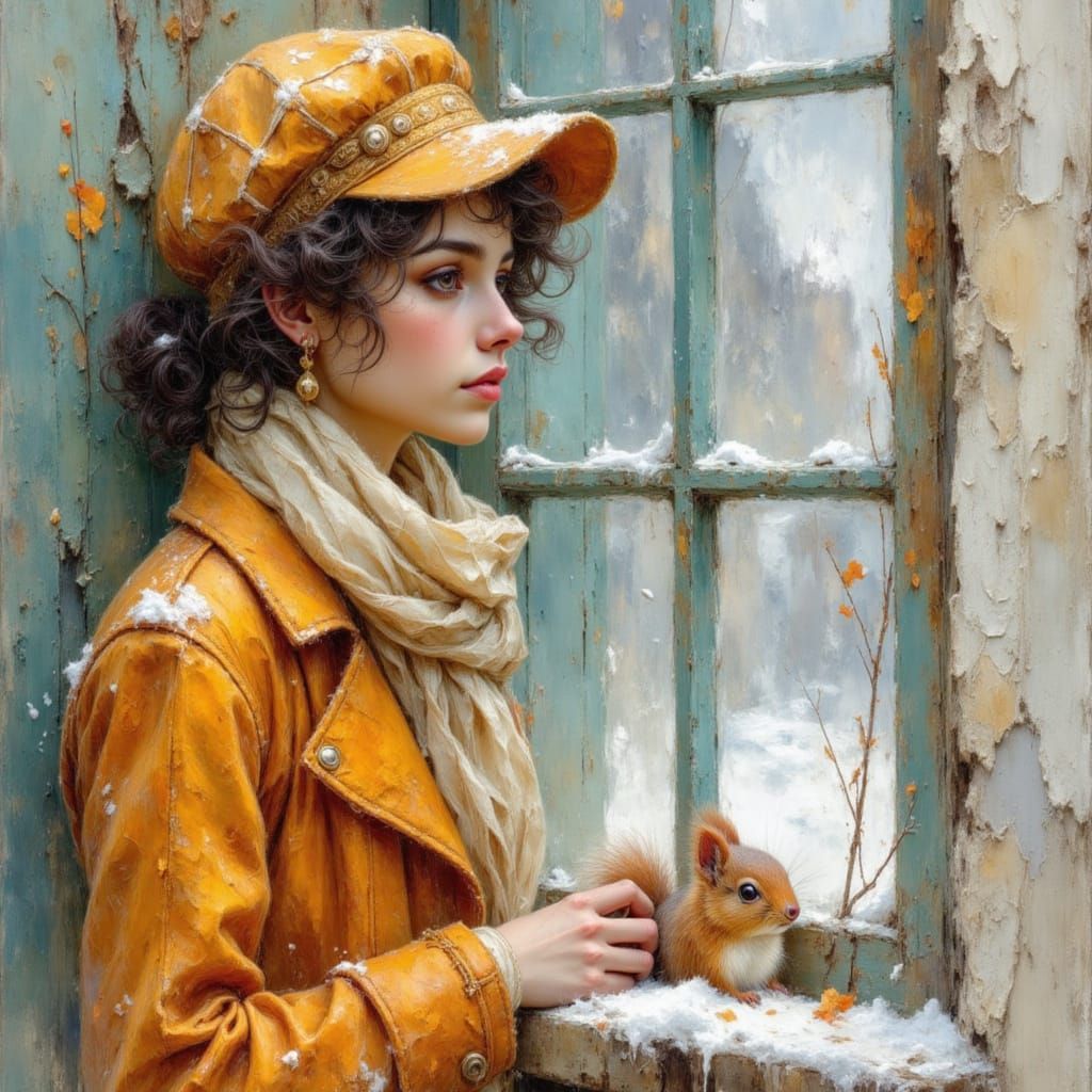 Woman in Snowy Landscape, Gouache Mixed Media Style