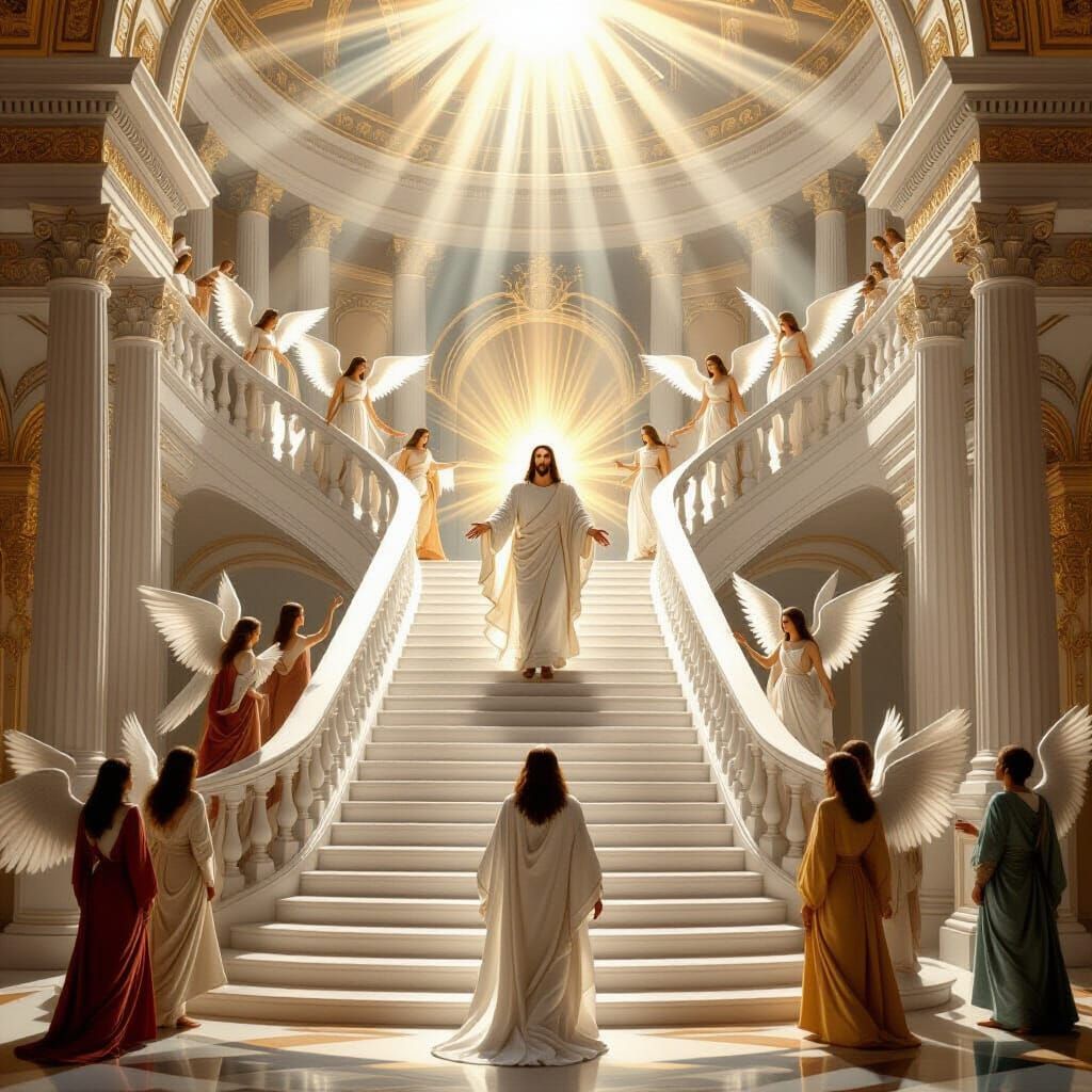 There is a white large staircase in the center of two smaller staircases on each side of the large one. A throne at the top of the staircase an...