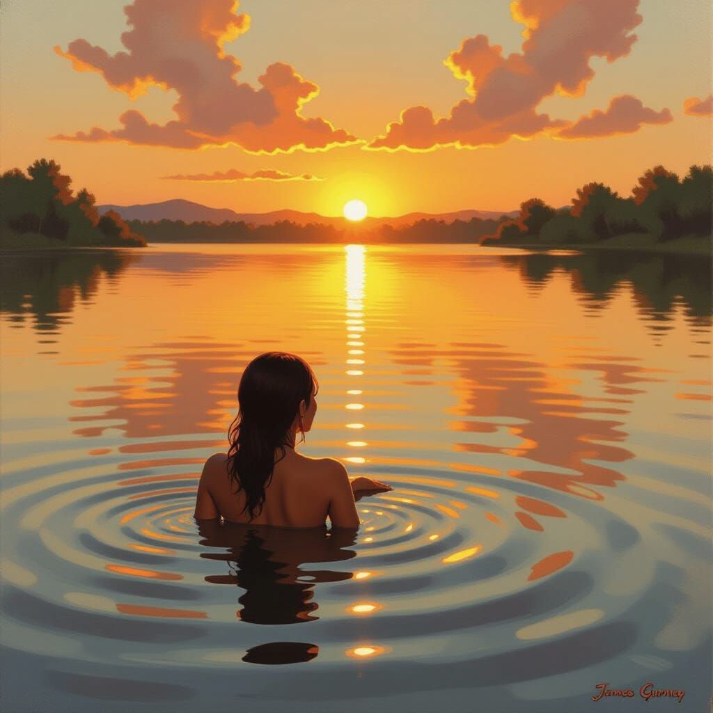 Hispanic Woman Swims Peacefully in Sunset Lake Oil Painting