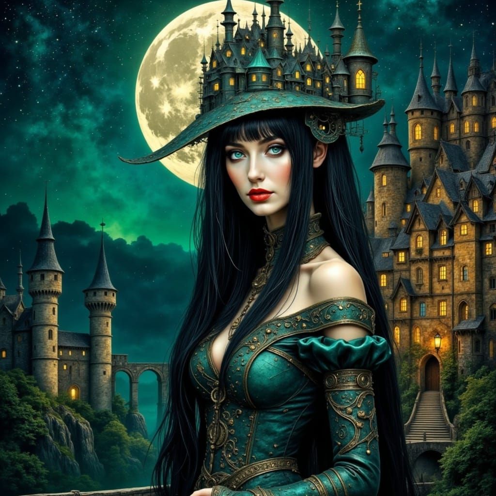 <lora:ENCHANTMENT:1.0> a beautiful dark haired woman at night posing on a bridge in a medieval town, castle,full moon, dark sky, stars, ench...