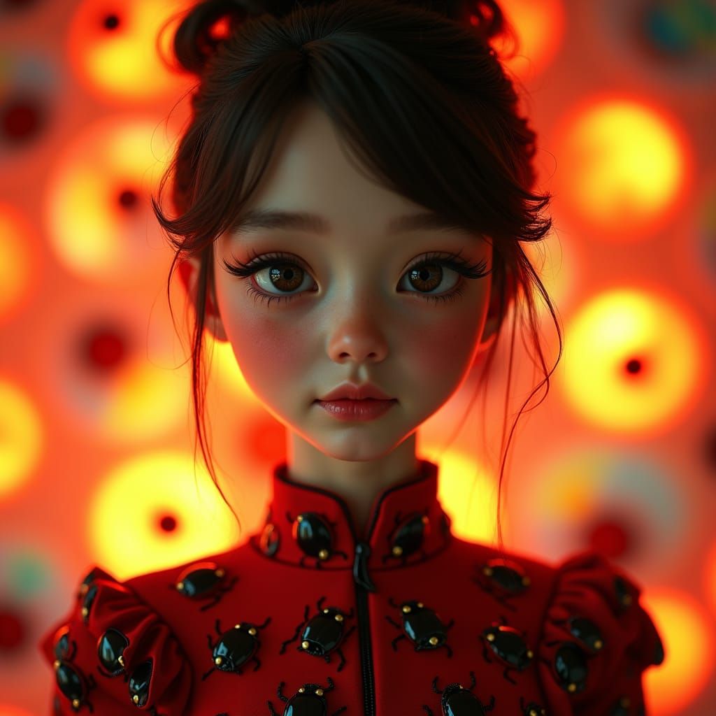 young woman with ladybug dress style 60 years