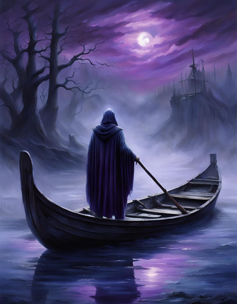 A detailed image of the Greek ferryman Charon in the underworld, ferrying souls across the river styx. Hyperrealistic. 8k