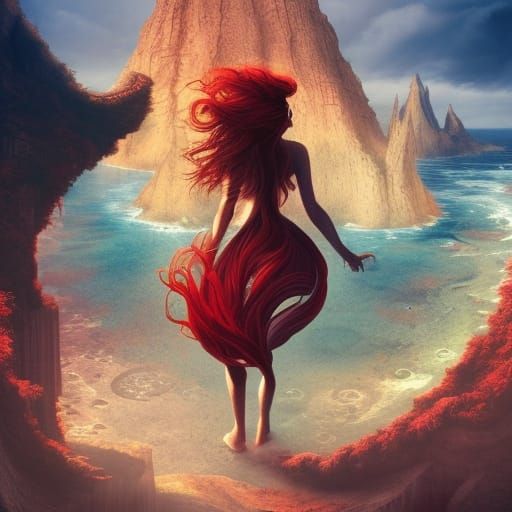 Labyrinthic World map with a beautiful red-hair woman search...