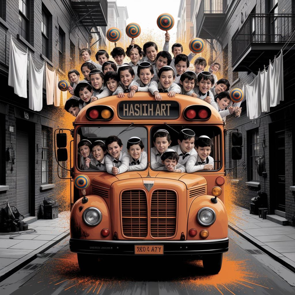 Hasidic Children's Joyful Bus Ride: Graffiti Art