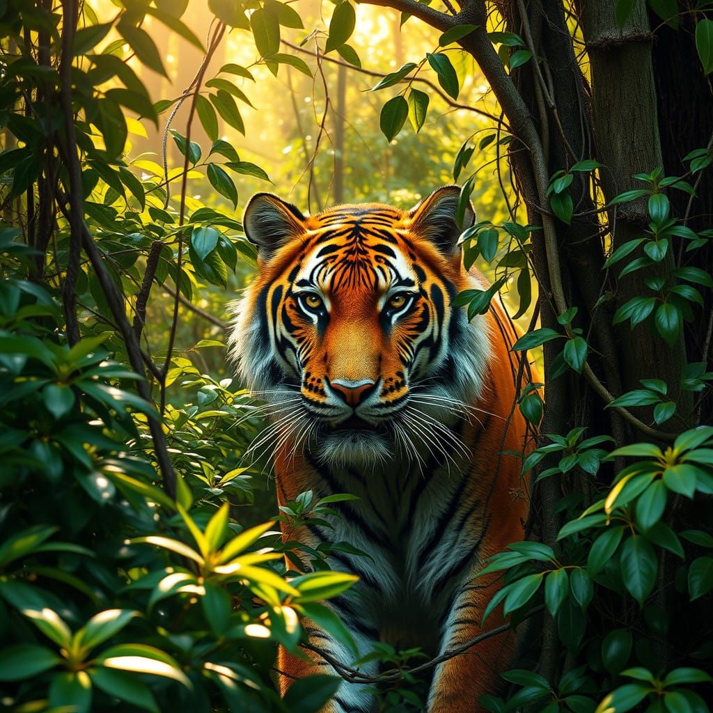 Photorealistic, tiger hiding in jungle