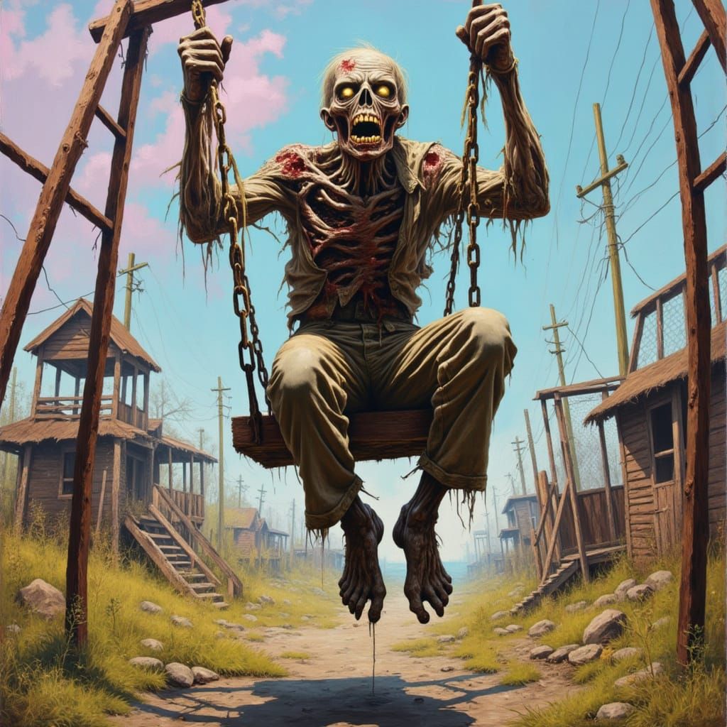 Zombie swinging on a swing set. Sunny day. Abandoned. Vivid glowing colors. <lora:Zombies1:1.0>