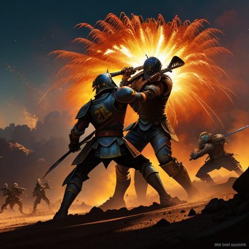 Warriors Clash on Scorched Battlefield in Digital Painting