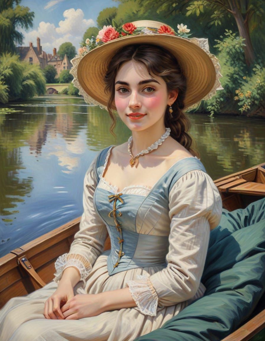 A Beautiful young Victorian woman lounging in a comfortable punt boat on a river in Cambridge, shy smile, ...  by @Troxley