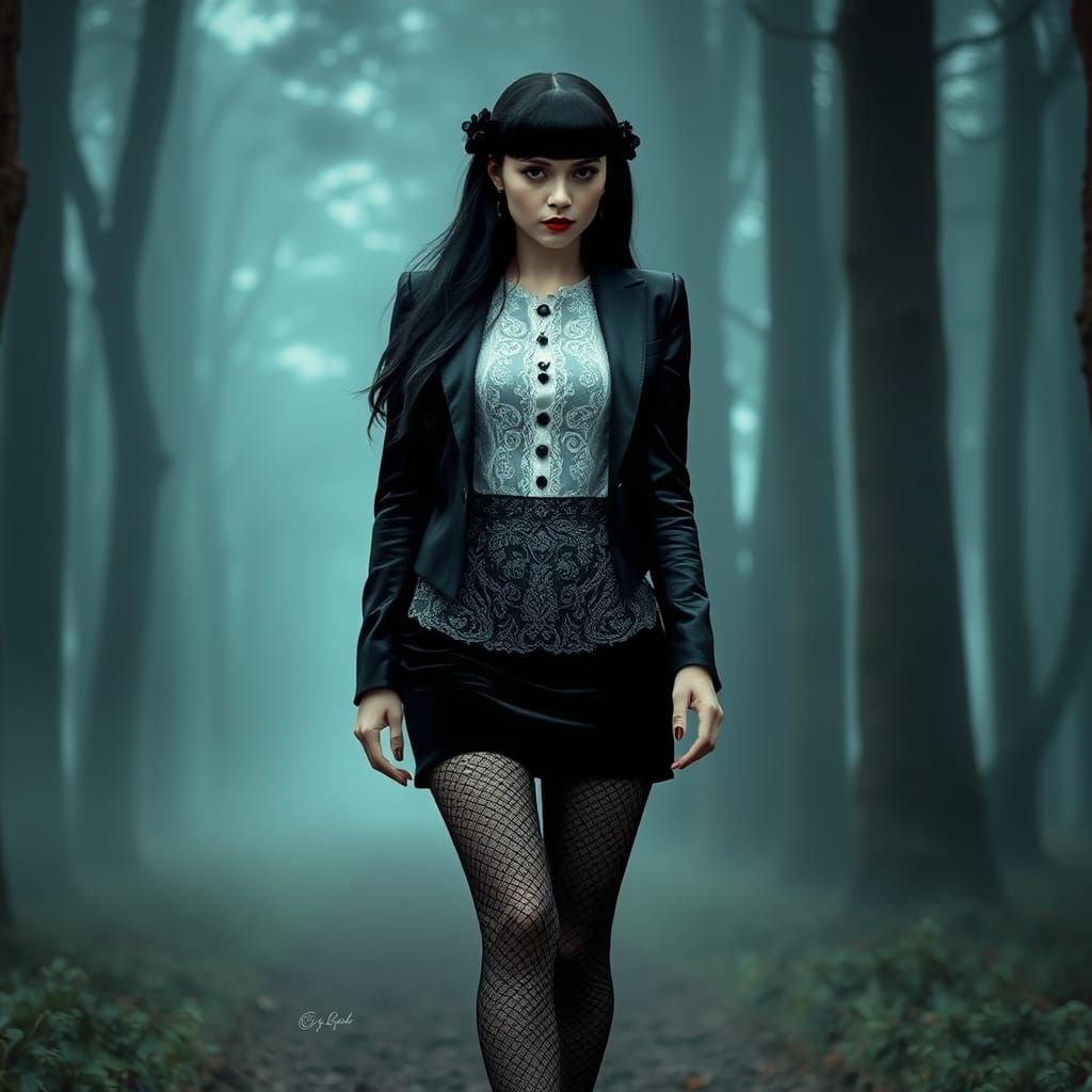 Beautiful gothic woman with porcelain skin, walking alone in...
