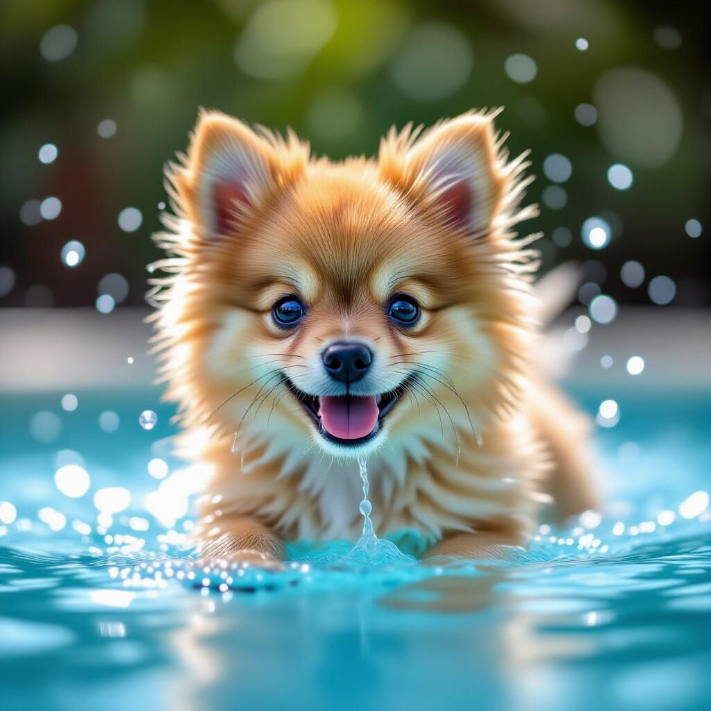 Pomeranian Puppy Plays in Water: Professional Photography