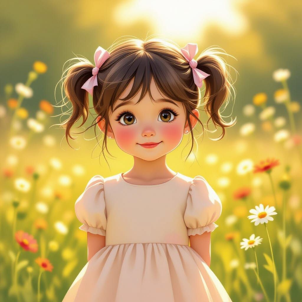 Cute Girl in Sun-Dappled Meadow Children's Book Style