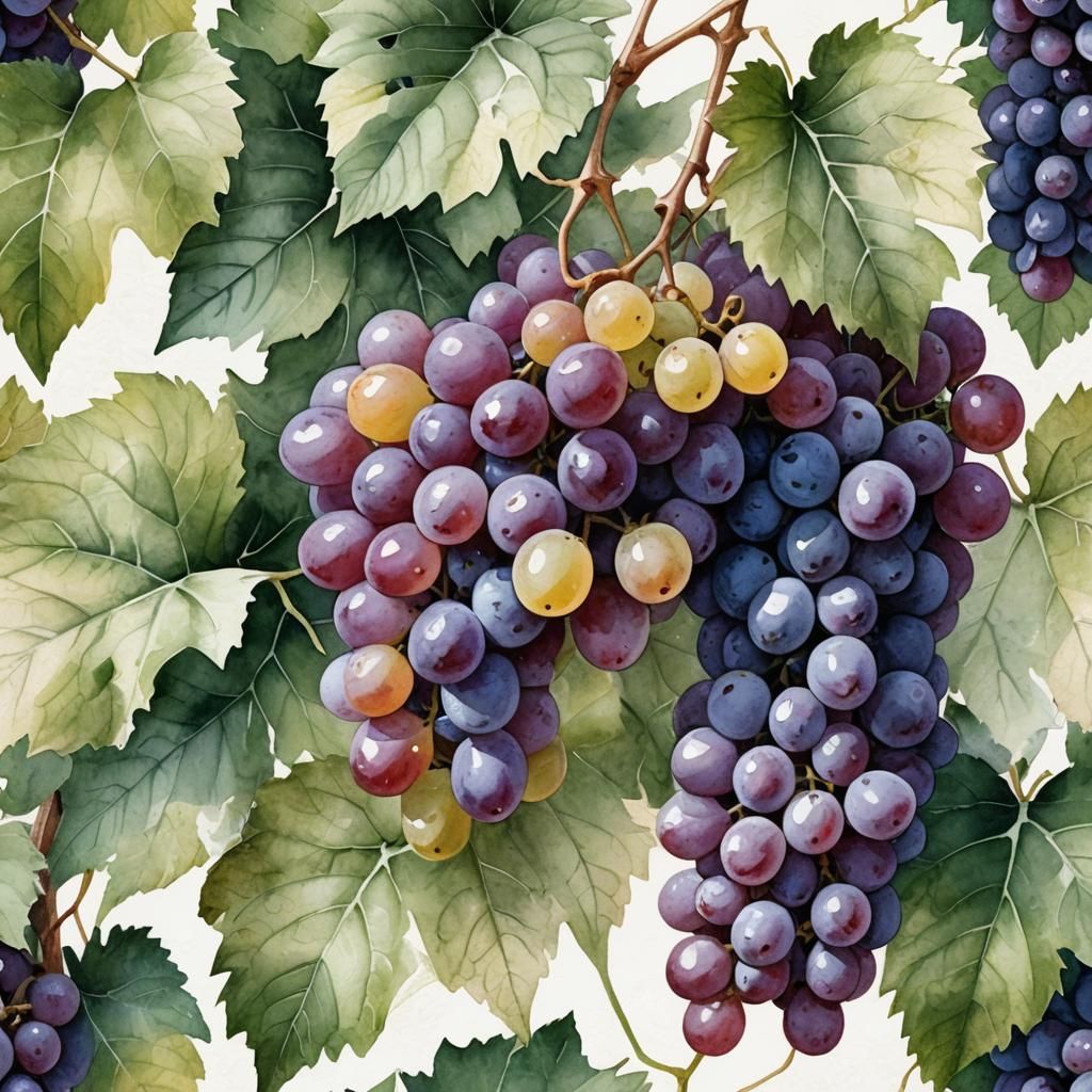 realistic botanical watercolor grapes with leaves and vines,...