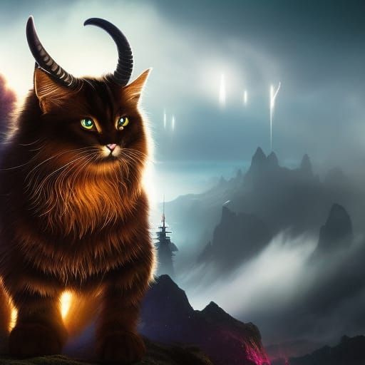 Horned  mythicial fantasy cat hybrid, furry, fluffy, beautif...