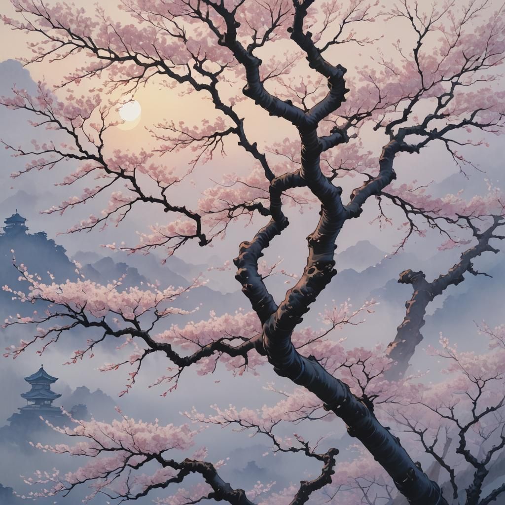 Cherry Blossom Tree in Morning Mist: Ukiyo-e Style