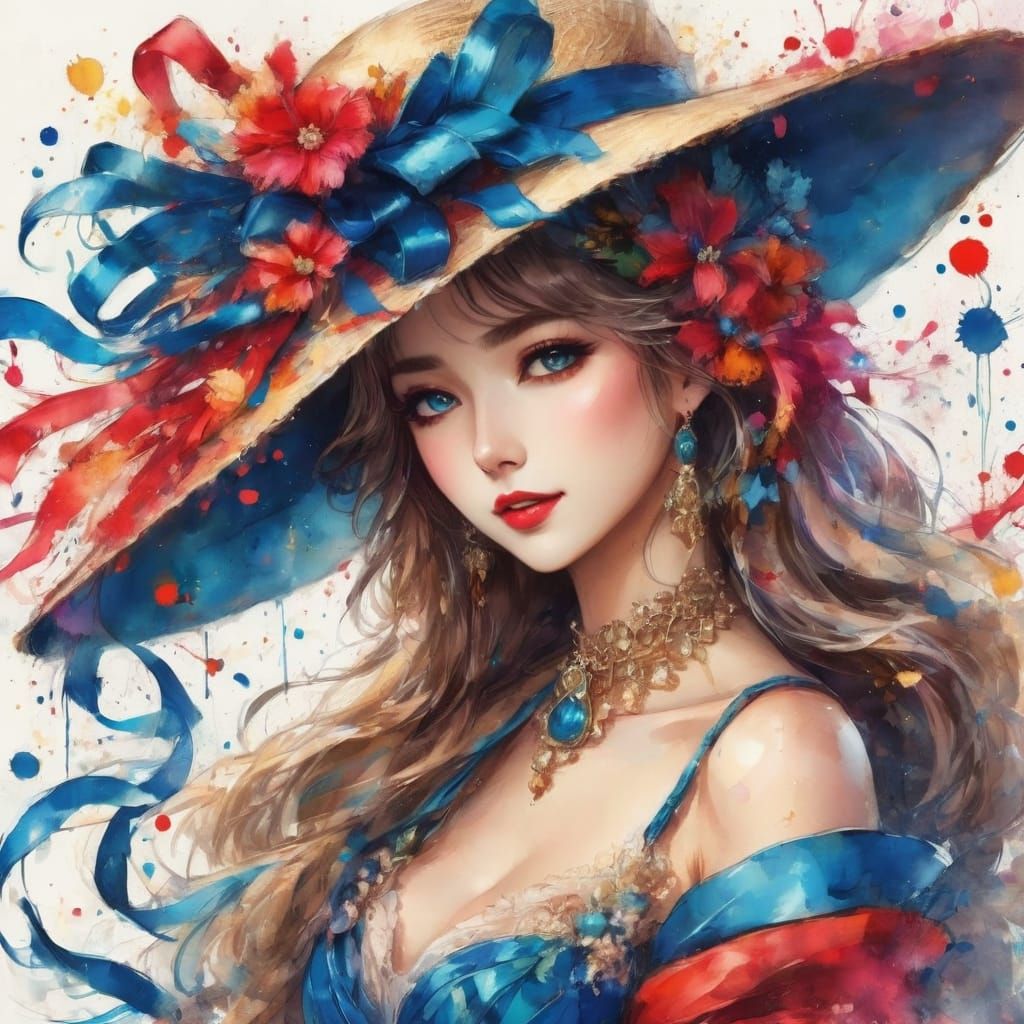 a portrait of an attractive and elegant woman wearing a larg...