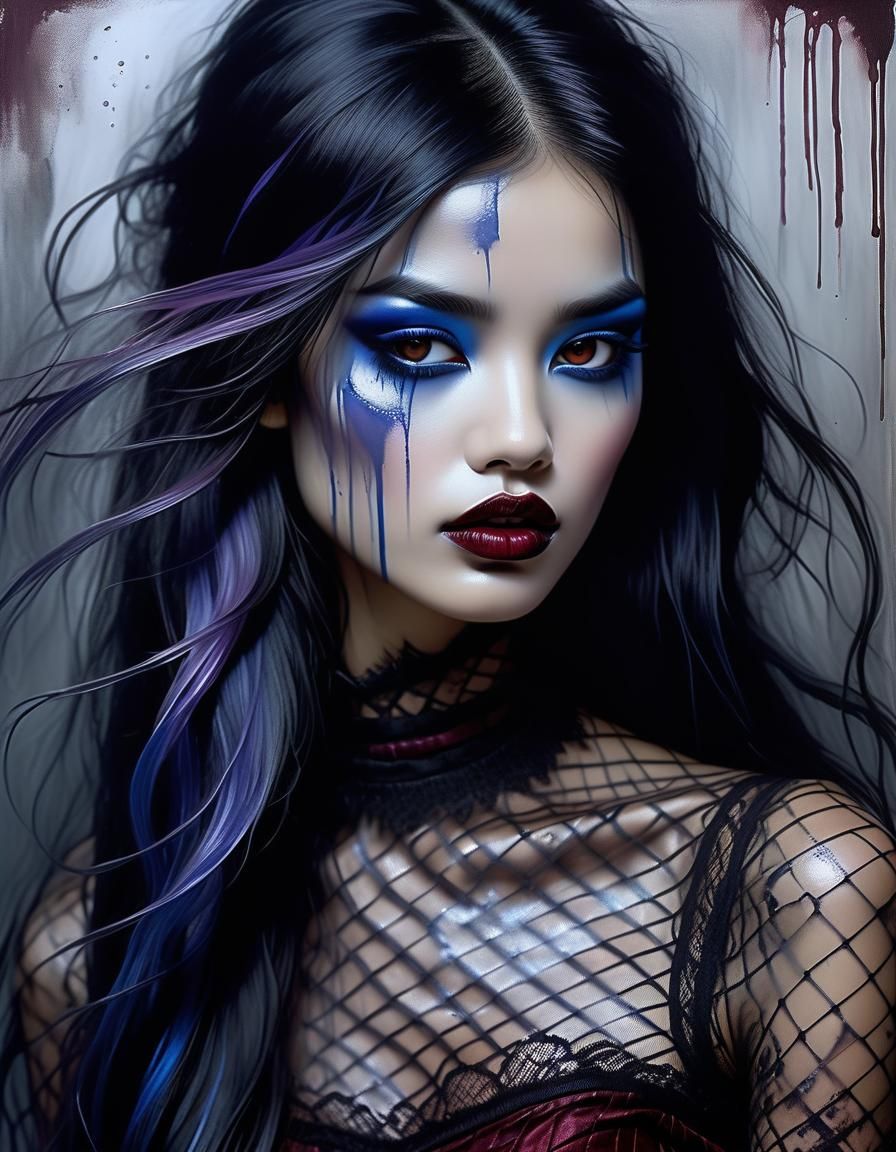 In the style of Luis Royo A beautiful woman, striking burgun...