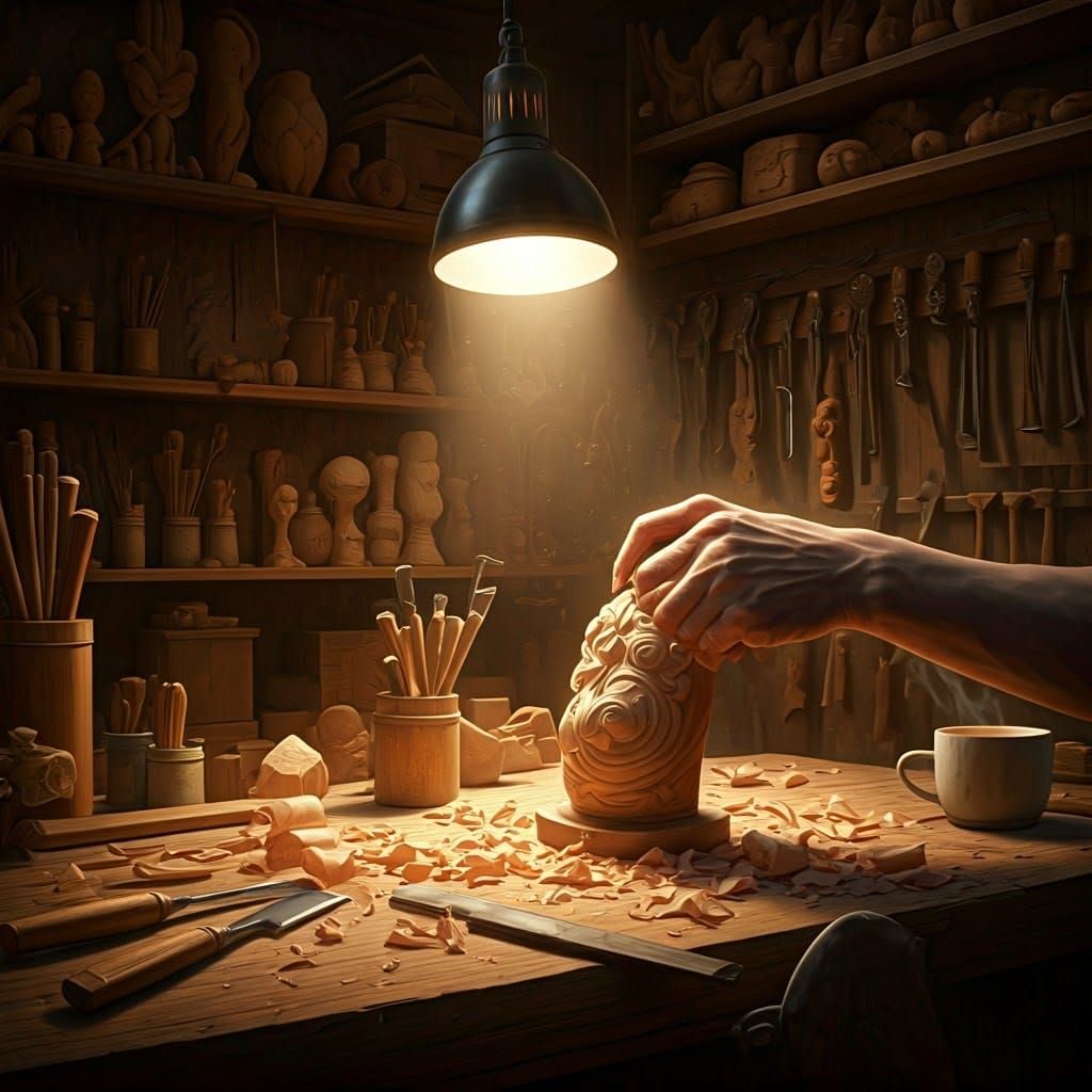 Master Artisan Shaping Wooden Sculpture in Intimate Workshop