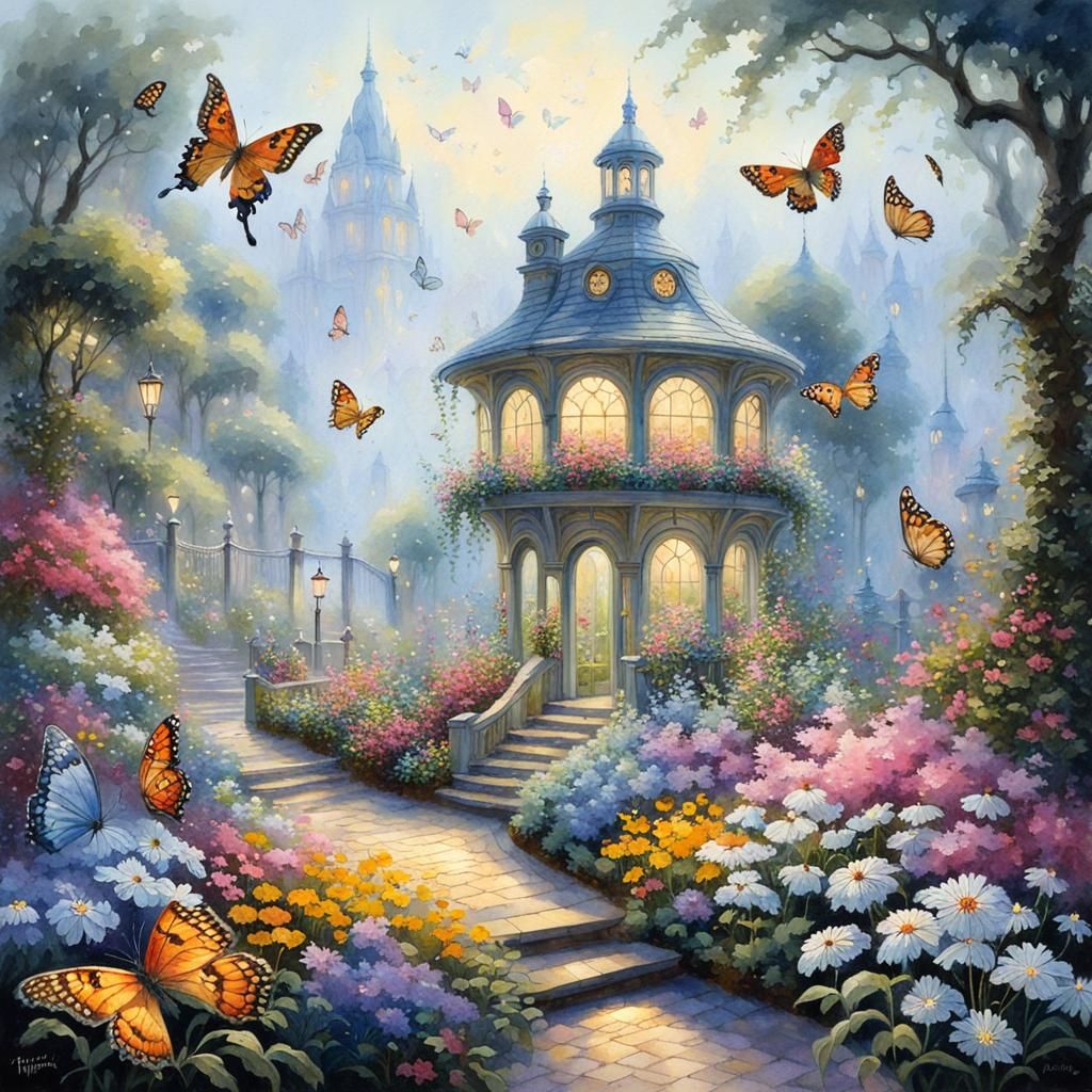 Mystical Garden with Butterflies in Ethereal Fantasy Style