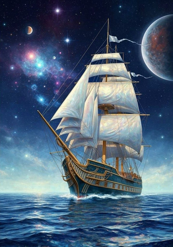 A majestic sailing ship with intricate Art Deco designs navigates through a sea of liquid starlight, with celestial bodies and nebulae visib...