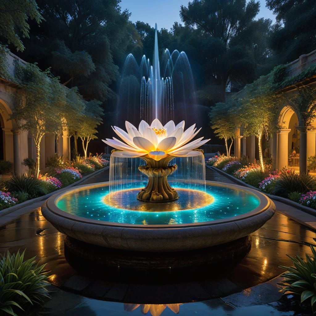"A majestic and unusual fountain stands at the center of an enchanted courtyard" "The fountain is shaped ...  by @FluffWuff