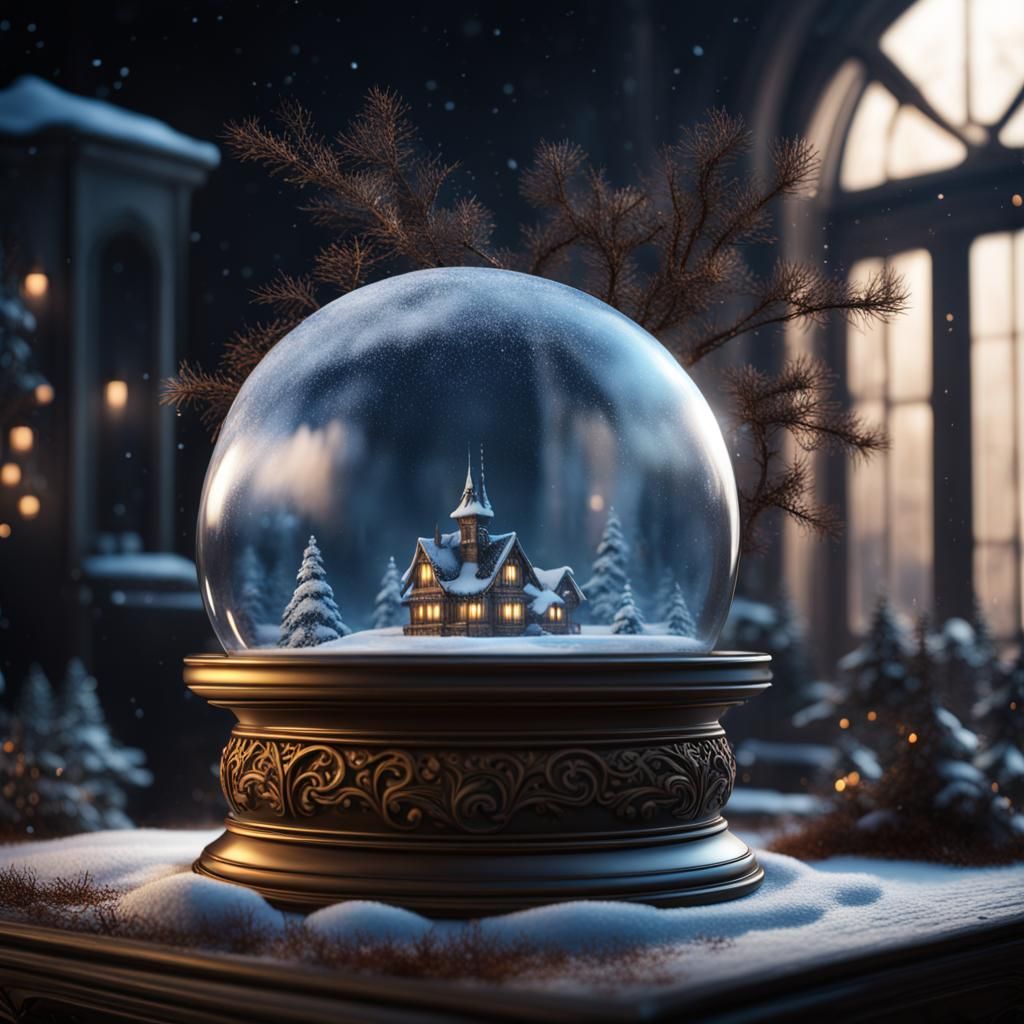 fantasy snow globe on table, winter wonderland inside of the...