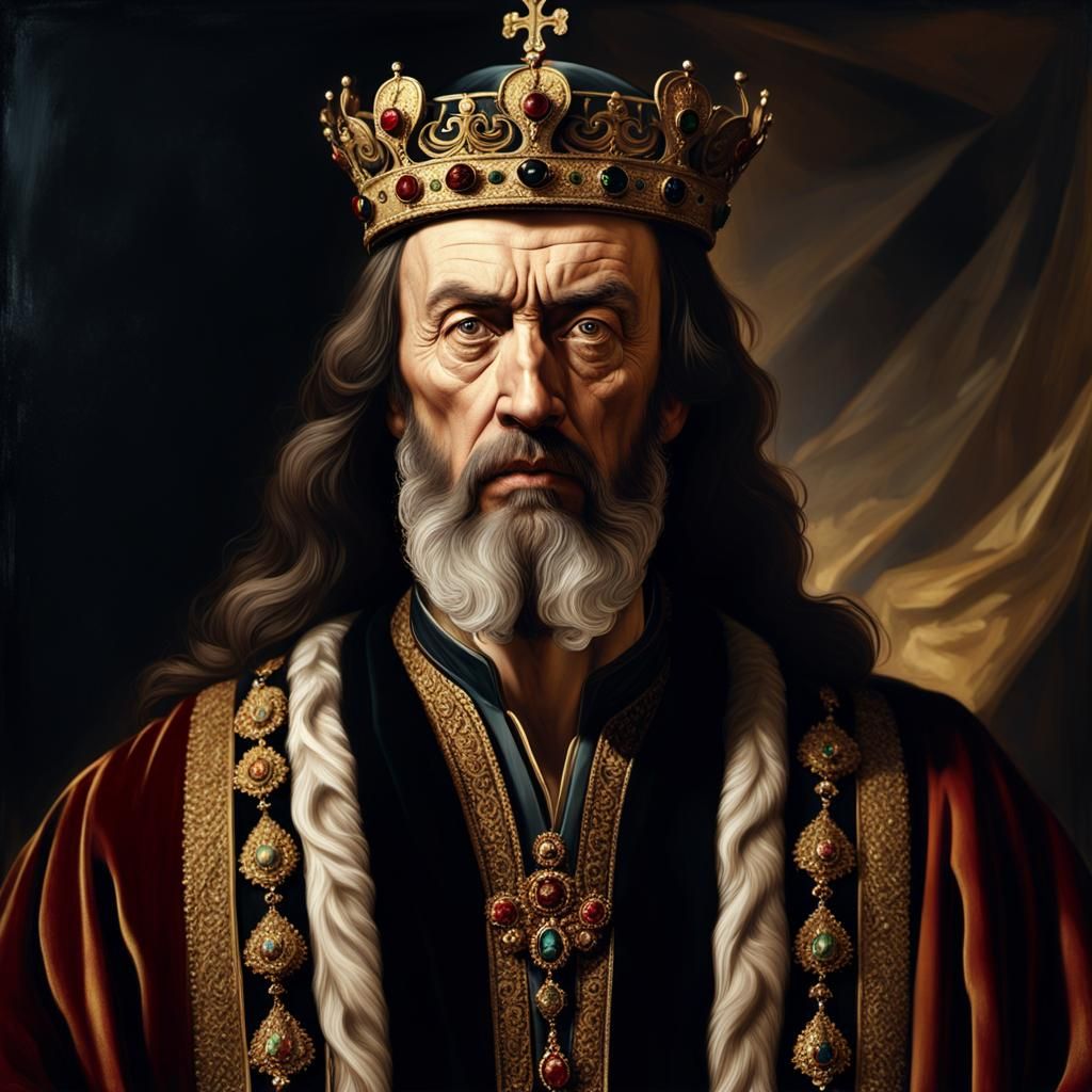 Ivan the Terrible, the first Tsar of Russia, seated on a golden throne with a relaxed yet powerful posture. He leans slightly forward, with...