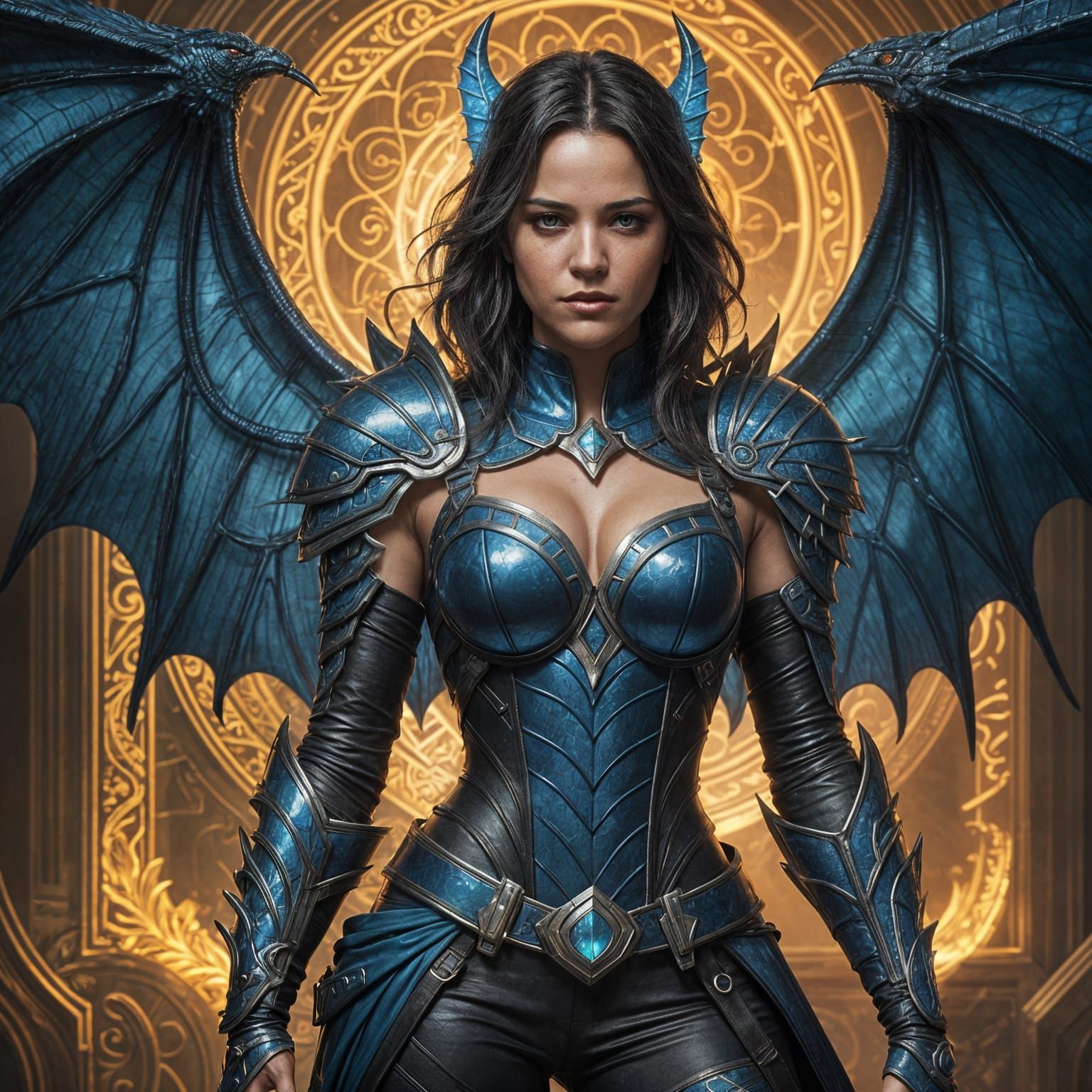 Woman stands with blue scaly armor, Large black and blue bat...