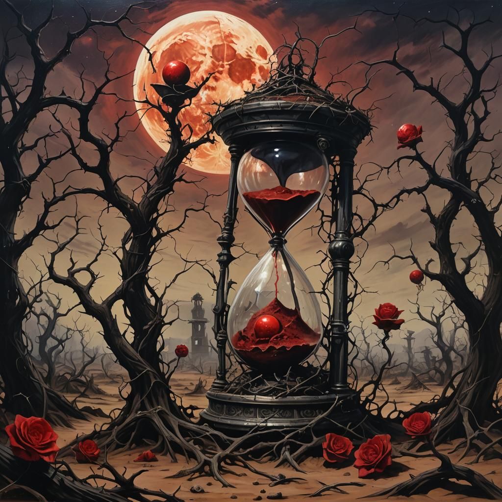 Portray an hourglass ensnared in thorny vines within a desolate wasteland, its sands tainted with curses ...  by @Exo1124