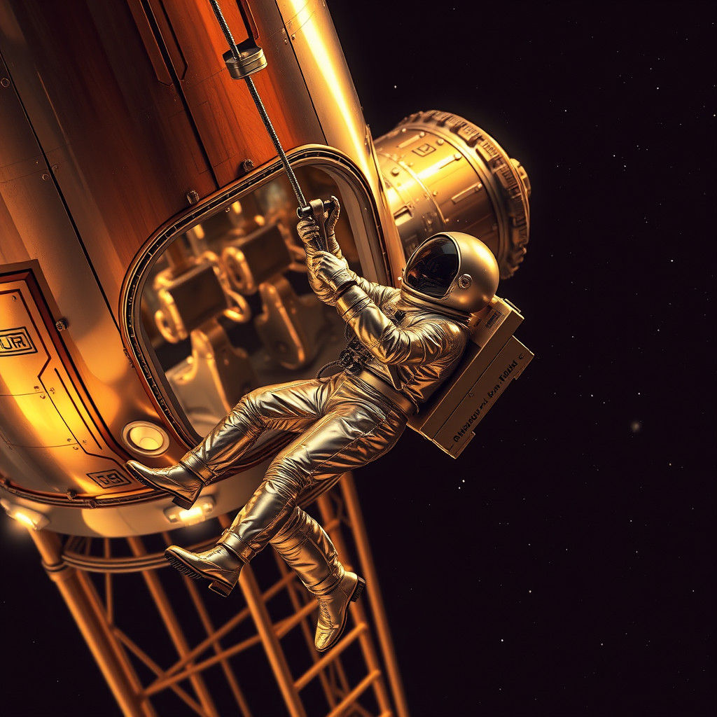 A dramatic close up on a space elevator capsule as imagined in 1950s. A man in metalic spacesuit is trying to fix one of the cables.