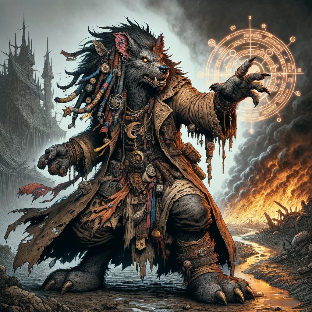 Imagine a modern comic book art style frame :: In the foreground, a venerable warlock gnoll, seamlessly mixing fantasy and punk gunge aesthe...