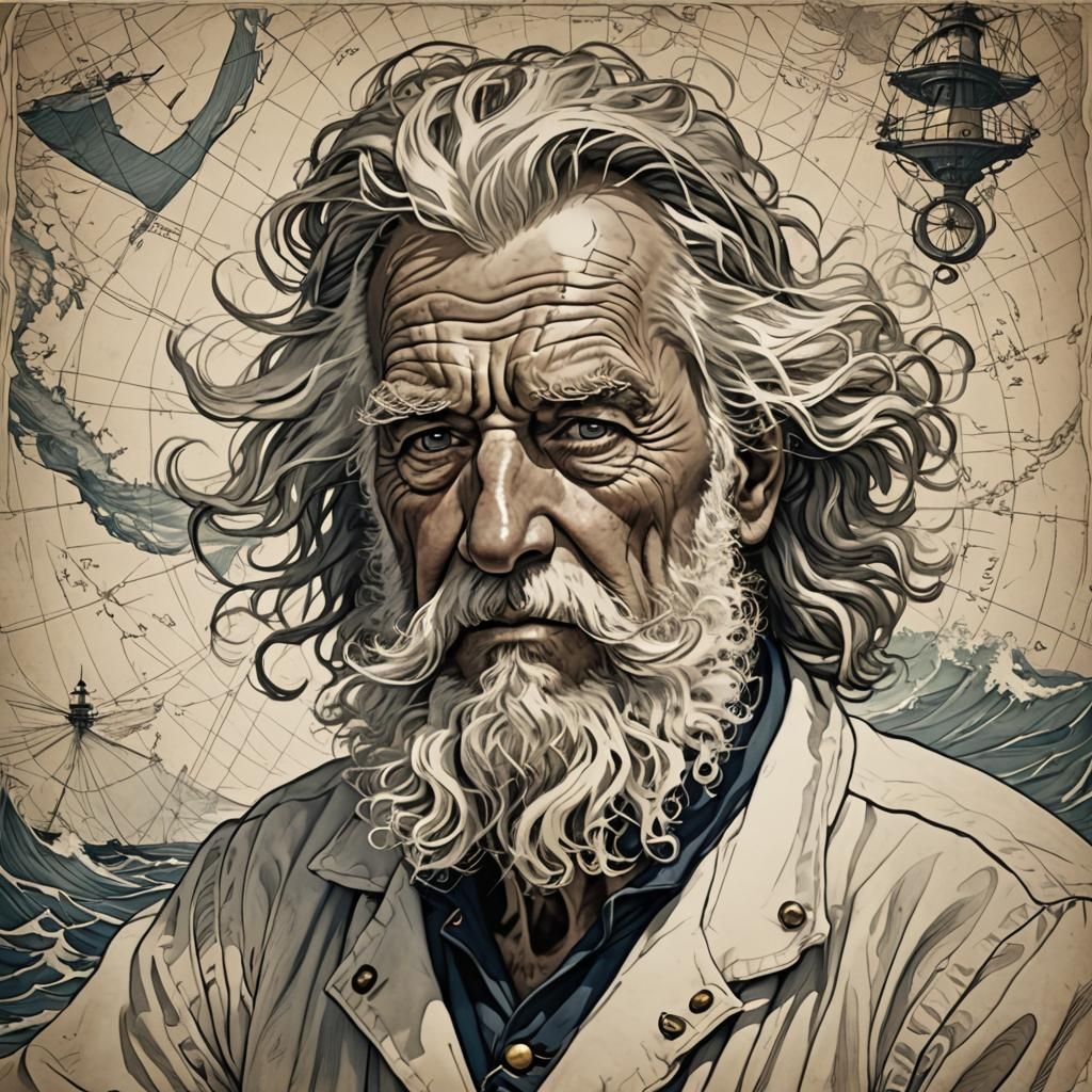 Imagine an elderly sailor, his visage a detailed map of a li...