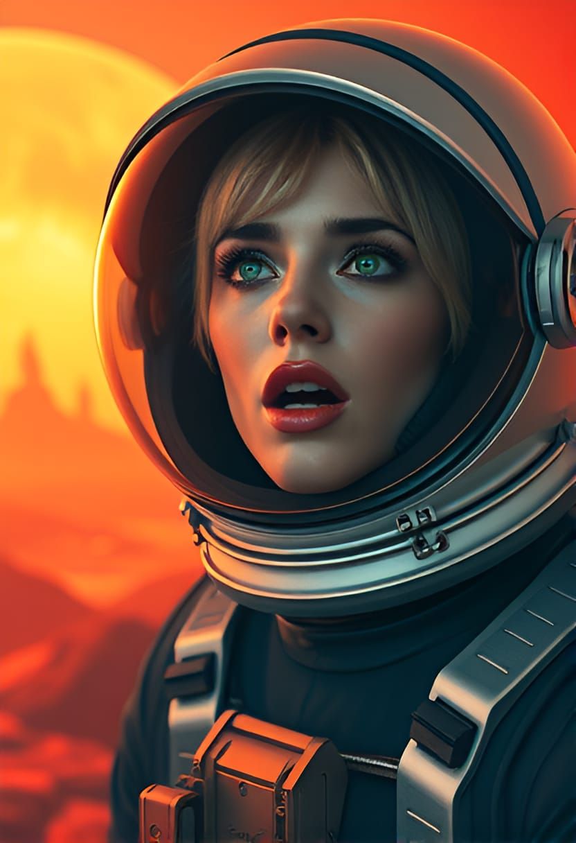 A stunning, retro-futuristic female astronaut, with an ethereal, heart-shaped face, piercing emerald green eyes, and porcelain-like skin, do...