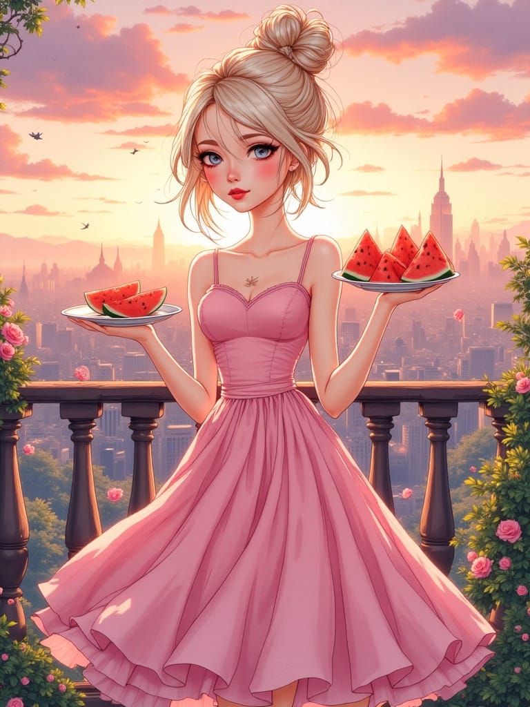 Animated Character Enjoys Sunset View with Watermelon