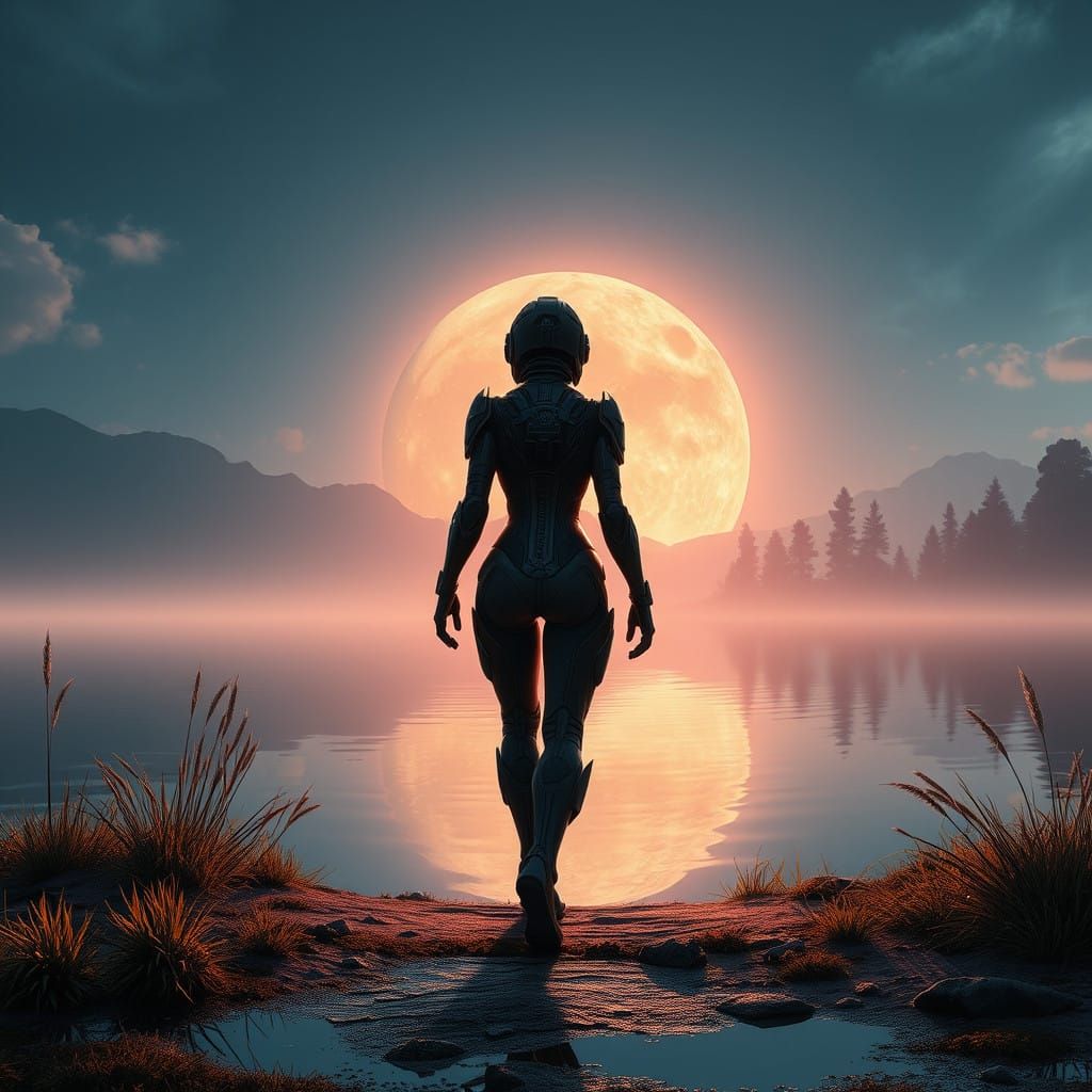 back shot ground shot of Cortana`s pojection, walking, backround lake, hyperrealistic, concept art, mid shot, intricately detailed, color de...