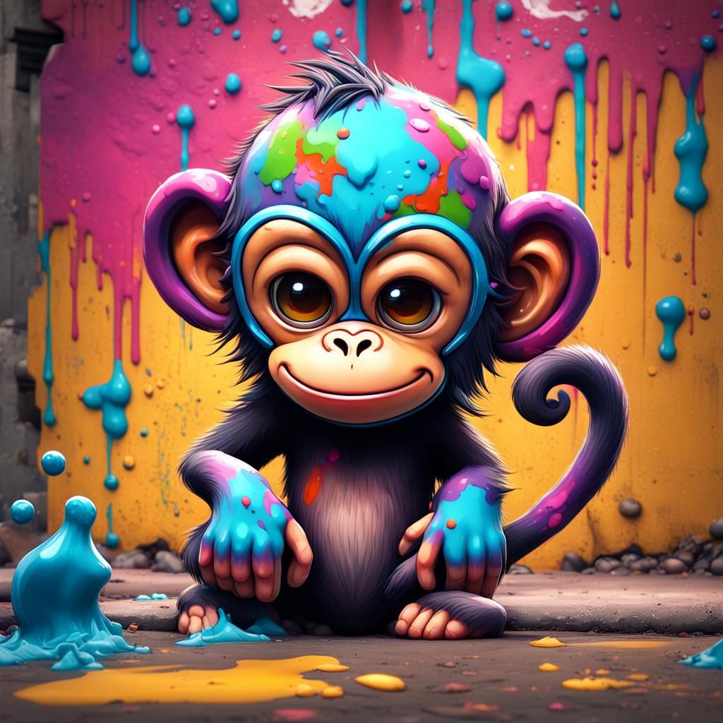 cute monkey graffiti art, splash art, street art, spray pain...